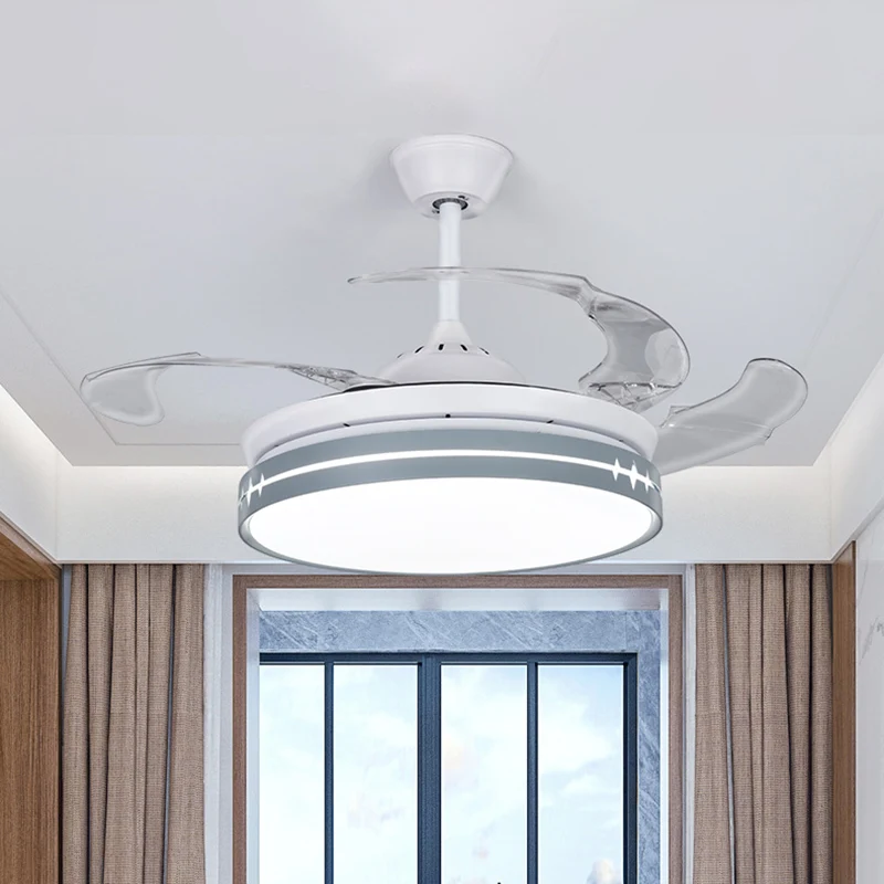 42" W LED salon hangende ventilatorlamp, minimalistisch wit, semi-flush met 3 bladen en trommelmetalen kap Clearhalo