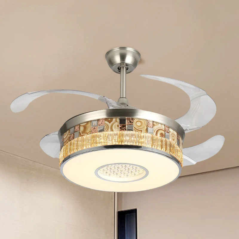 19" W LED salon semi-inbouw minimalisme nikkel 4 bladen hangende ventilatorlamp met trommelkristallen kap Clearhalo