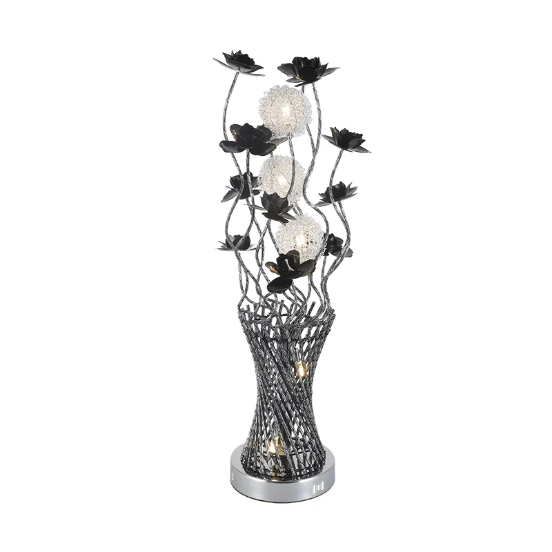 LED-cilinder Vine-nachtlampje Art Decor Zwart-zilver metalen tafelverlichting met bloesemdetail voor nachtkastje Clearhalo