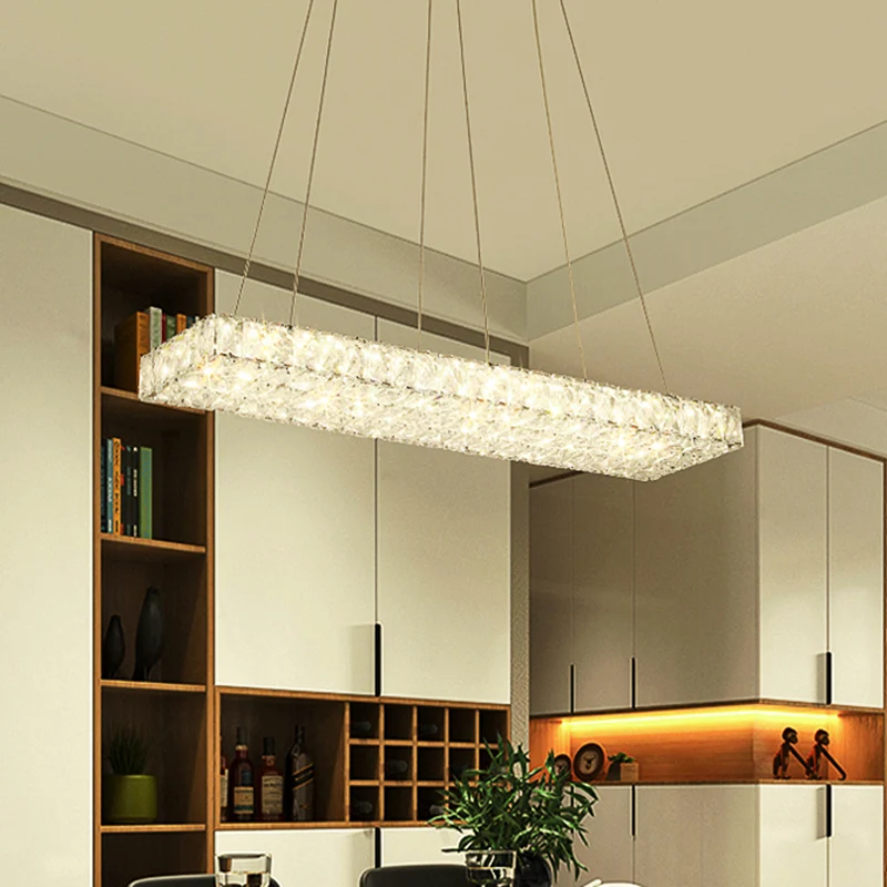 LED-eilandkroonluchter moderne rechthoekige, doorzichtige kristallen gewikkelde hangende hanger voor eetkamer Clearhalo