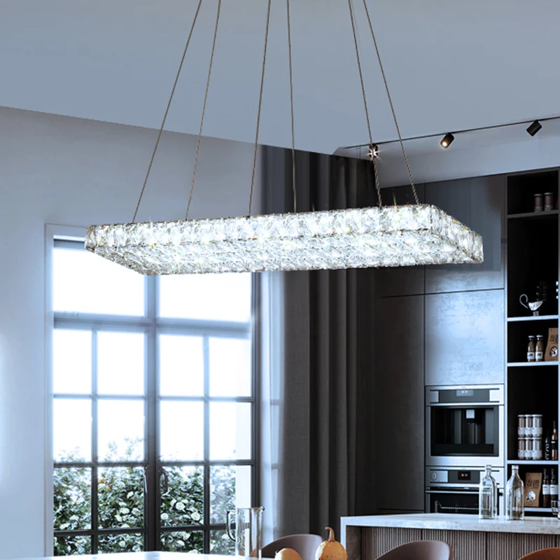LED-eilandkroonluchter moderne rechthoekige, doorzichtige kristallen gewikkelde hangende hanger voor eetkamer Clearhalo