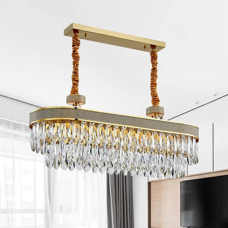 LED-eilandkroonluchter modernistisch ovaal helder kristal druppels hangend plafondlicht goud Clearhalo