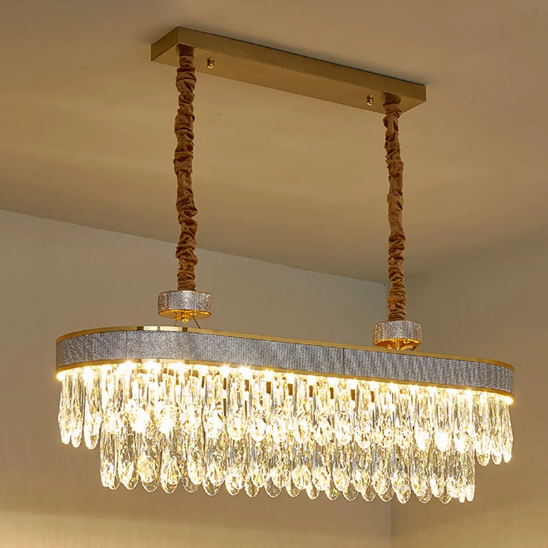 LED-eilandkroonluchter modernistisch ovaal helder kristal druppels hangend plafondlicht goud Clearhalo