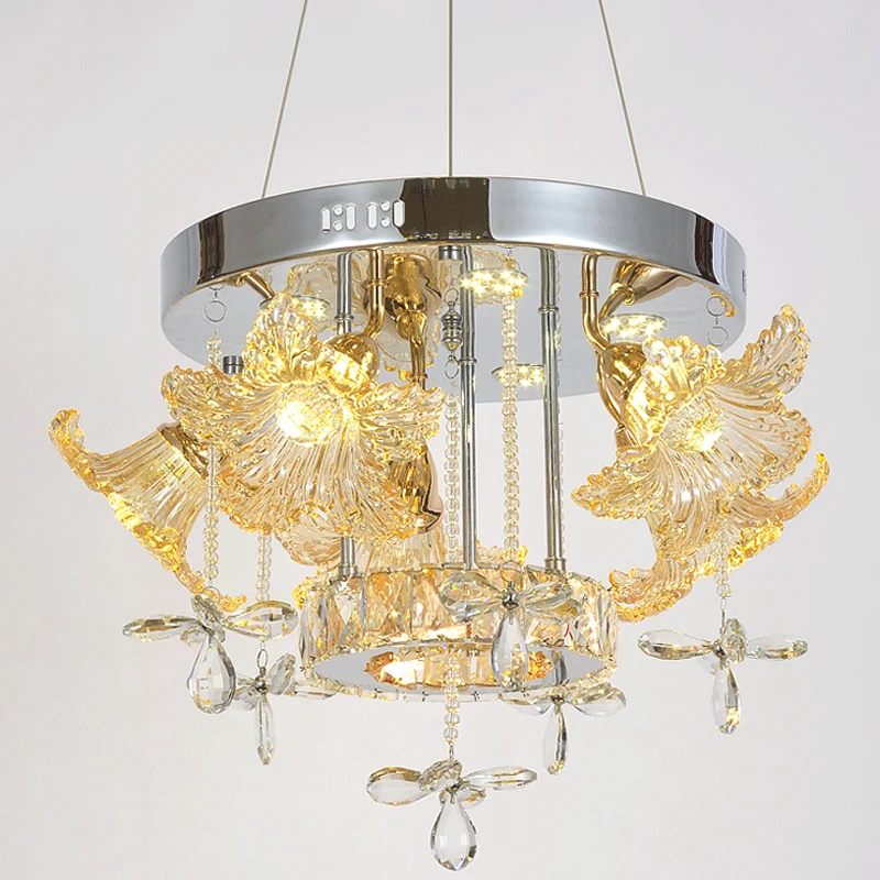 LED-hangende verlichting Moderne bloem Amber Crystal Shade kroonluchterlamp voor eetkamer Clearhalo