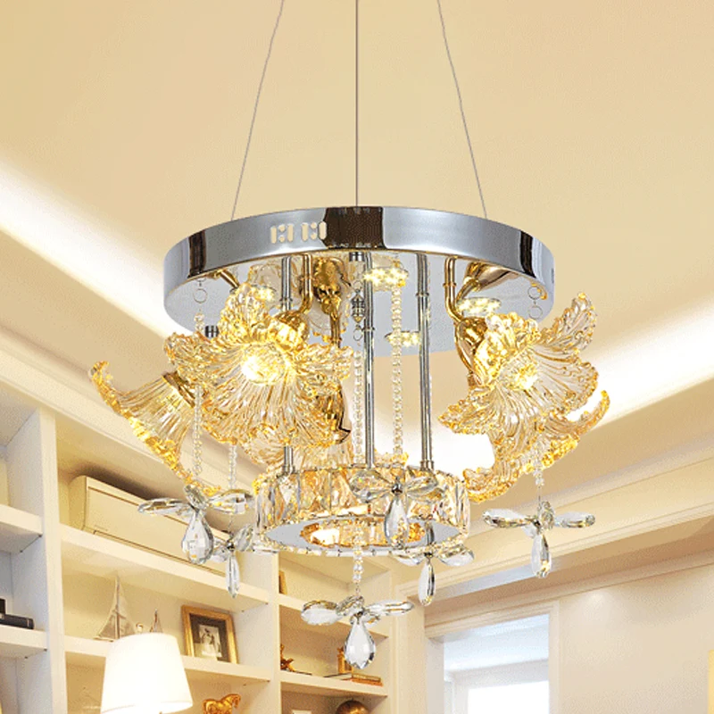 LED-hangende verlichting Moderne bloem Amber Crystal Shade kroonluchterlamp voor eetkamer Clearhalo