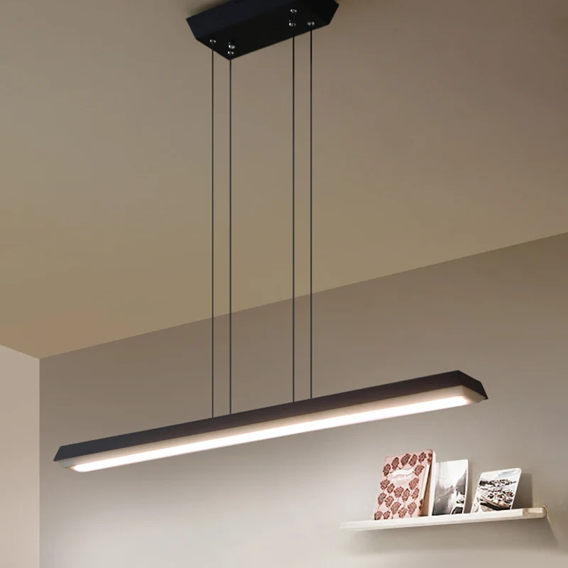 Led-kantoorhanglamp met slanke rechthoekige lineaire metalen kap Moderne zwarte hanglampset voor kantoor Clearhalo