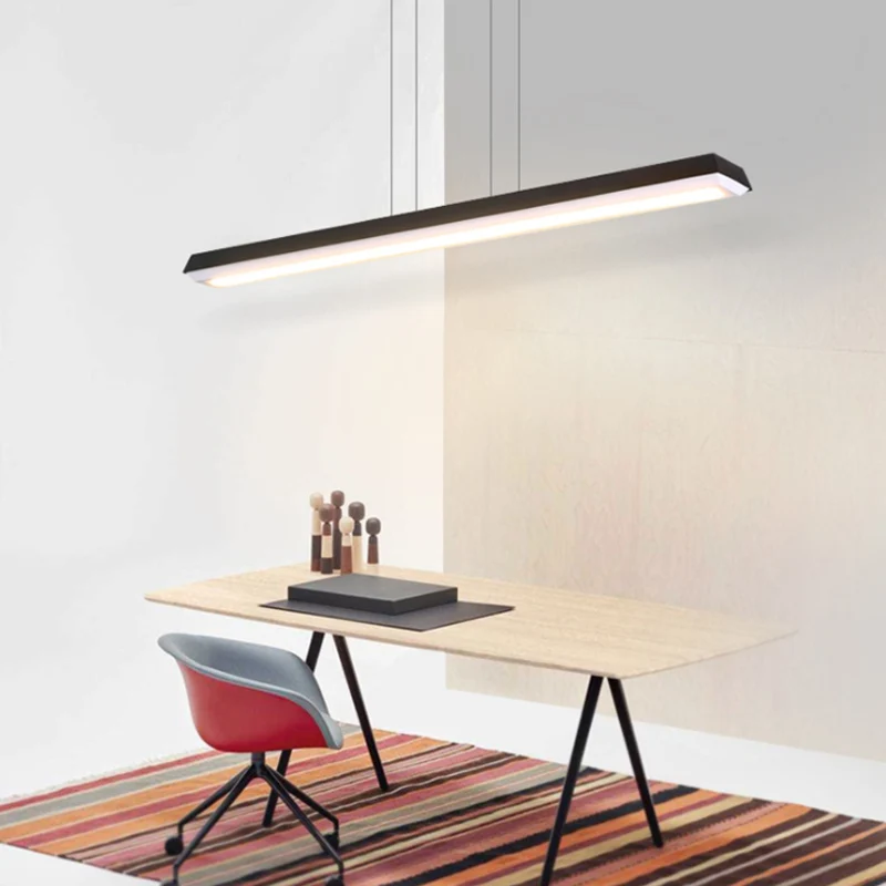 Led-kantoorhanglamp met slanke rechthoekige lineaire metalen kap Moderne zwarte hanglampset voor kantoor Clearhalo