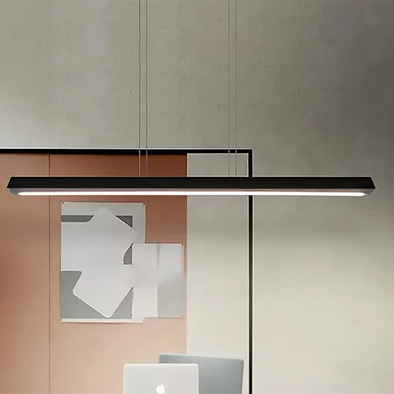 Led-kantoorhanglamp met slanke rechthoekige lineaire metalen kap Moderne zwarte hanglampset voor kantoor Clearhalo