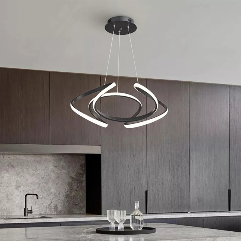 LED-kroonluchter moderne stijl, zwarte gebogen hanglamp met acrylkap, warm/wit licht Clearhalo