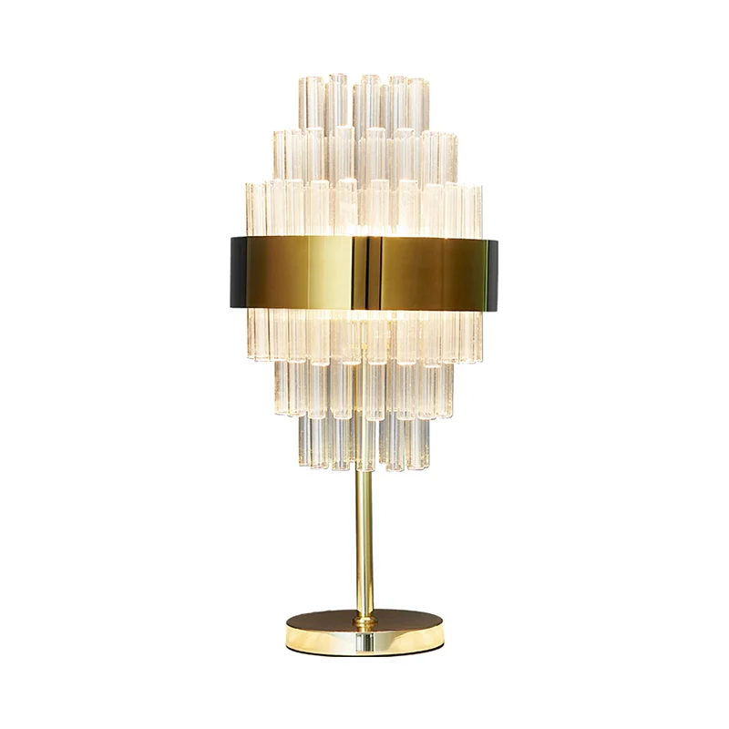 LED-nachtkastjelamp Moderne gouden taakverlichting met gelaagde, handgeslepen kristallen kap Clearhalo