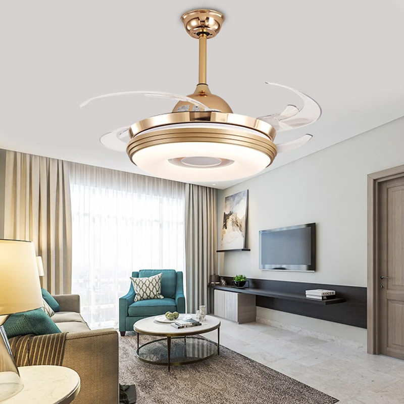 LED-plafondventilator verlichting modernisme rond metaal 8 bladen semi-inbouwlamp nikkel, 48 inch breed Clearhalo