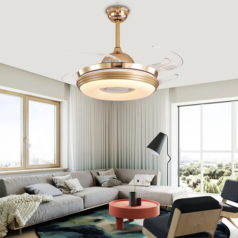 LED-plafondventilator verlichting modernisme rond metaal 8 bladen semi-inbouwlamp nikkel, 48 inch breed Clearhalo