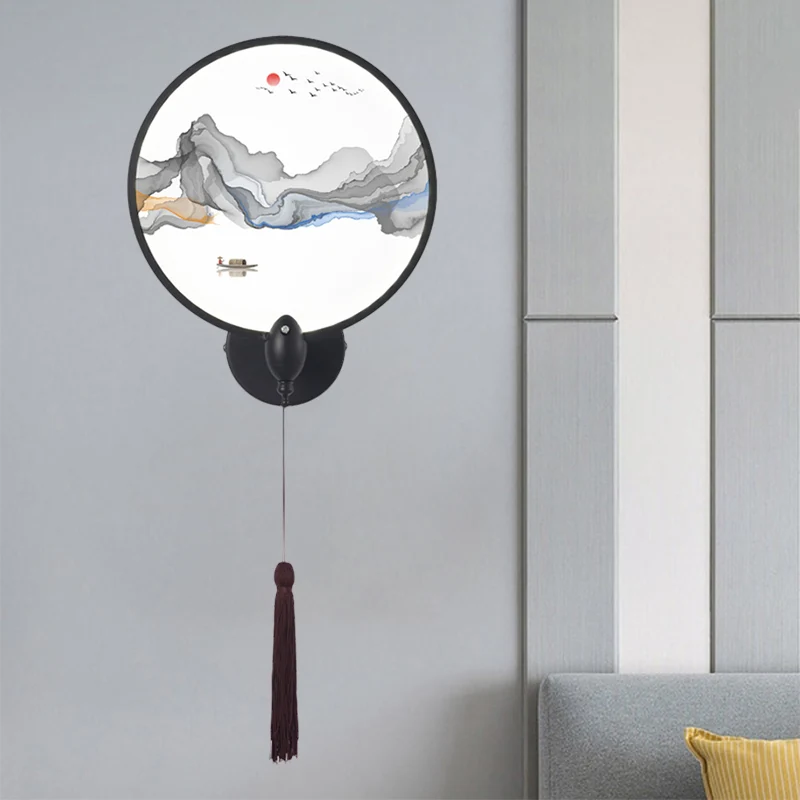 LED-slaapkamermuurschildering licht Chinese stijl zwarte bergwandverlichtingsarmatuur met ronde acrylkap Clearhalo