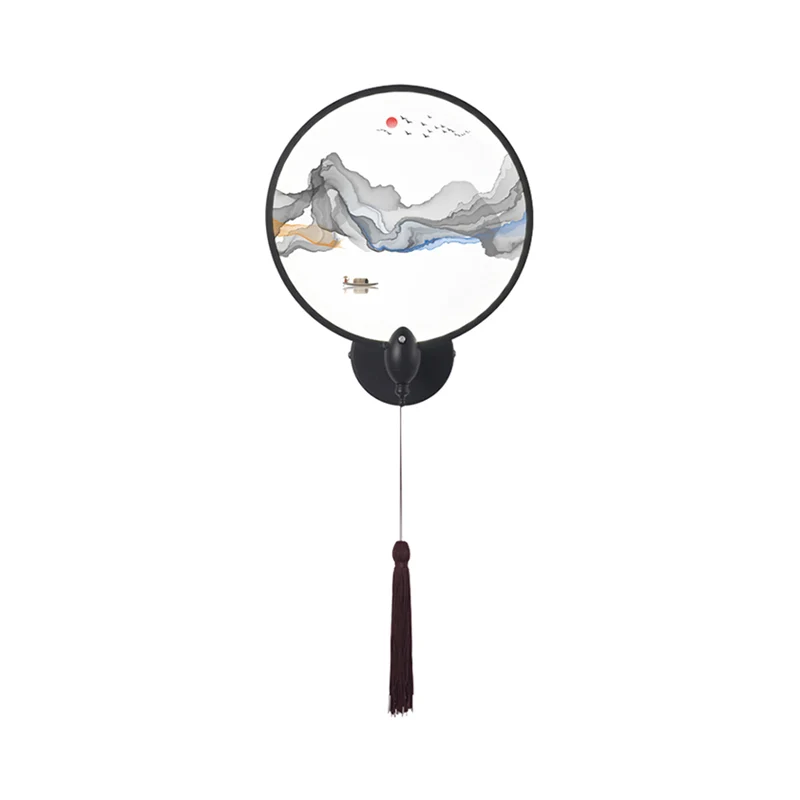 LED-slaapkamermuurschildering licht Chinese stijl zwarte bergwandverlichtingsarmatuur met ronde acrylkap Clearhalo