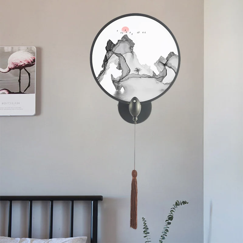 LED-slaapkamermuurschildering licht Chinese stijl zwarte bergwandverlichtingsarmatuur met ronde acrylkap Clearhalo