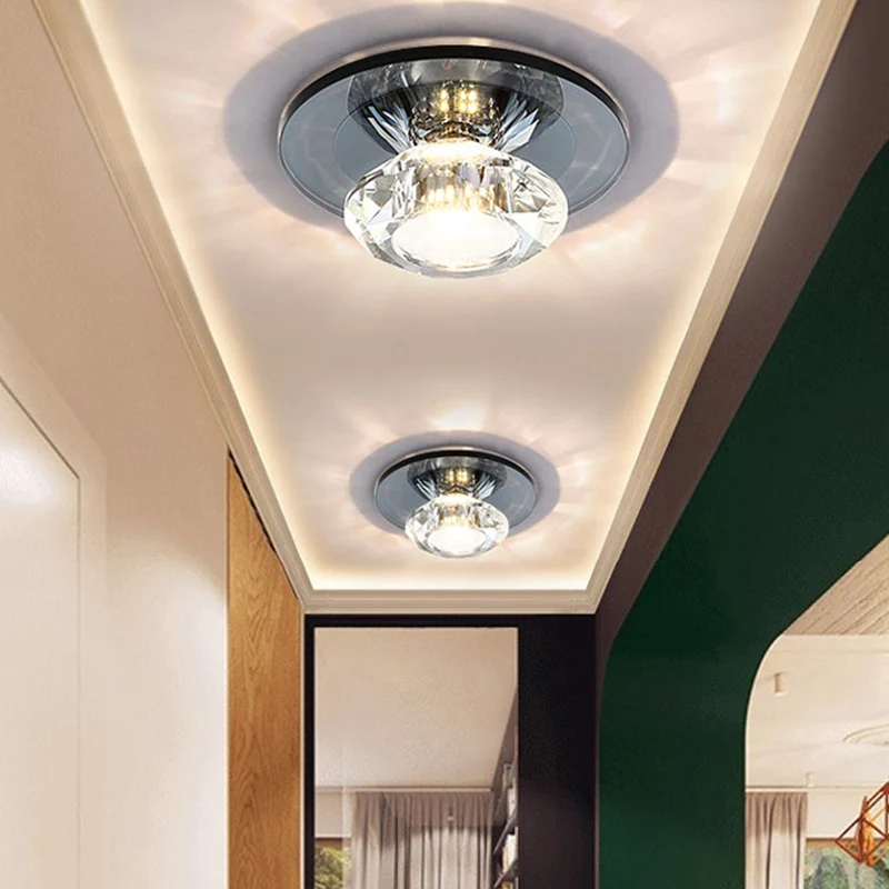 LED-veranda, semi-inbouwlamp, eenvoudige zwart/bruine plafondverlichting met cirkelvormige heldere kristallen kap, warm/wi...