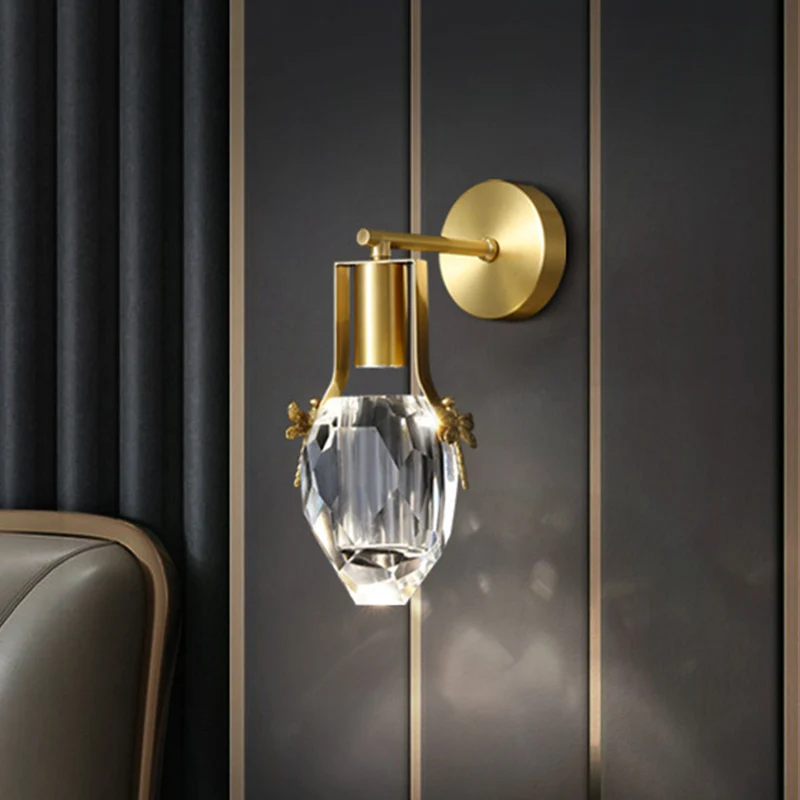 LED-wandlamp Moderne regendruppel helder afgeschuinde kristallen wandlamp goud met metalen libelle-ontwerp Clearhalo