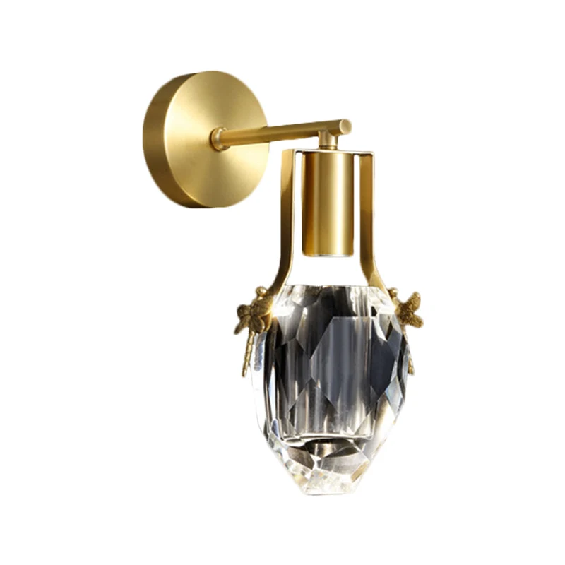 LED-wandlamp Moderne regendruppel helder afgeschuinde kristallen wandlamp goud met metalen libelle-ontwerp Clearhalo