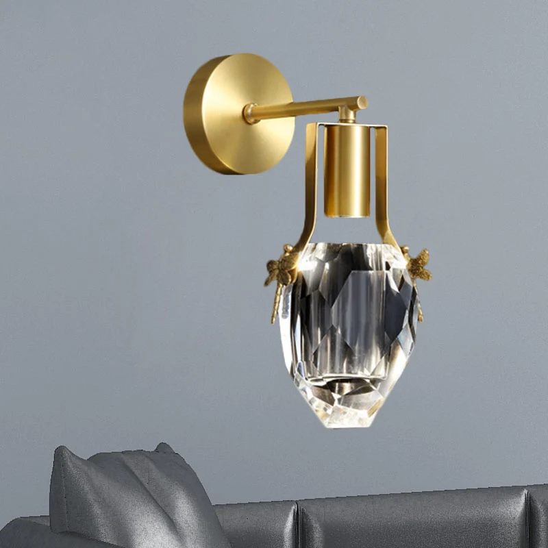 LED-wandlamp Moderne regendruppel helder afgeschuinde kristallen wandlamp goud met metalen libelle-ontwerp Clearhalo