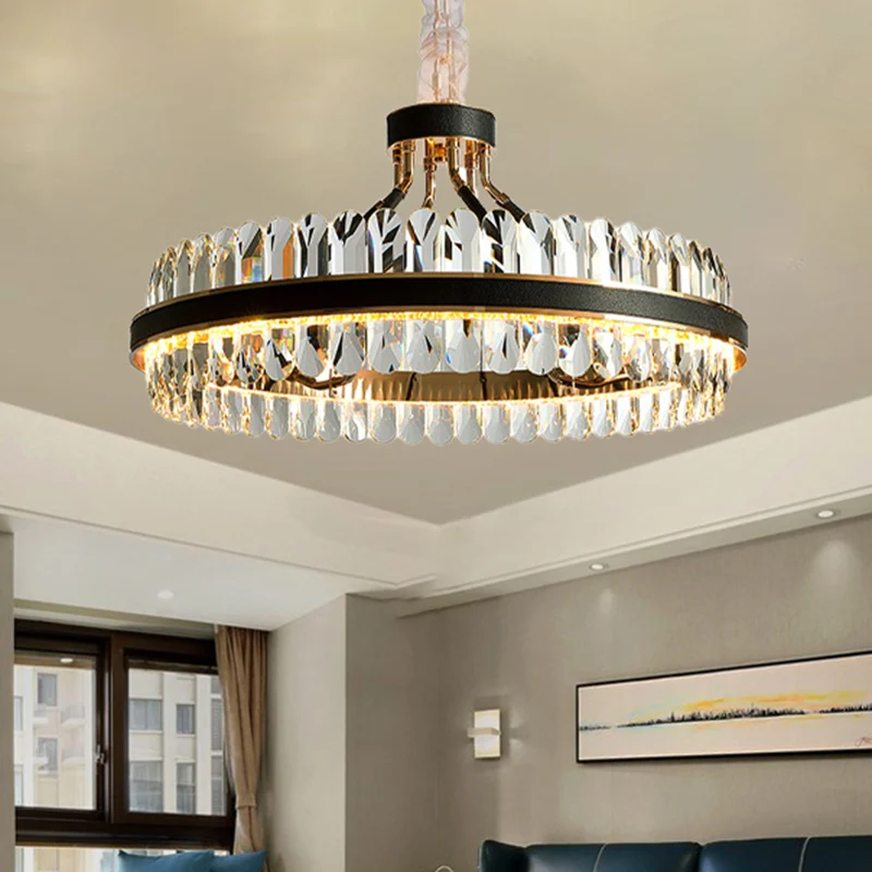 LED-woonkamerkroonluchterverlichting Zwarte hanglamp met ronde afgeschuinde kristallen kap Clearhalo