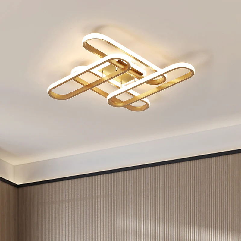 LED-woonkamerplafond, gouden semi-gemonteerde verlichtingsarmatuur met ovale acrylkap warm/wit licht Clearhalo