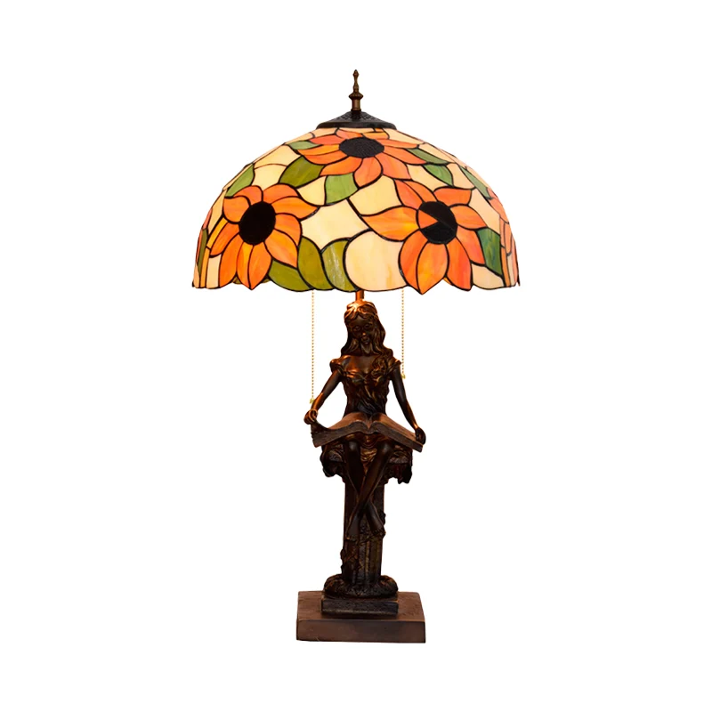 Leesboek voor meisjes, tafellamp, 2 lampen, hars barok nachtkastje met trekketting en zonnebloem rood/oranje glazen kap Cl...