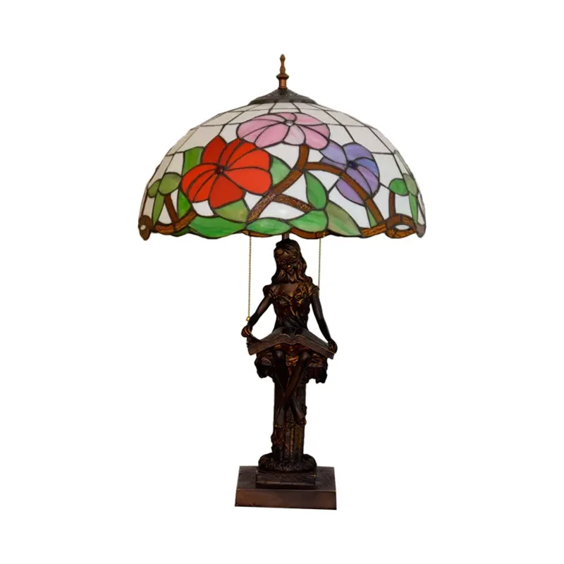 Leesboek voor meisjes, tafellamp, 2 lampen, hars barok nachtkastje met trekketting en zonnebloem rood/oranje glazen kap Cl...