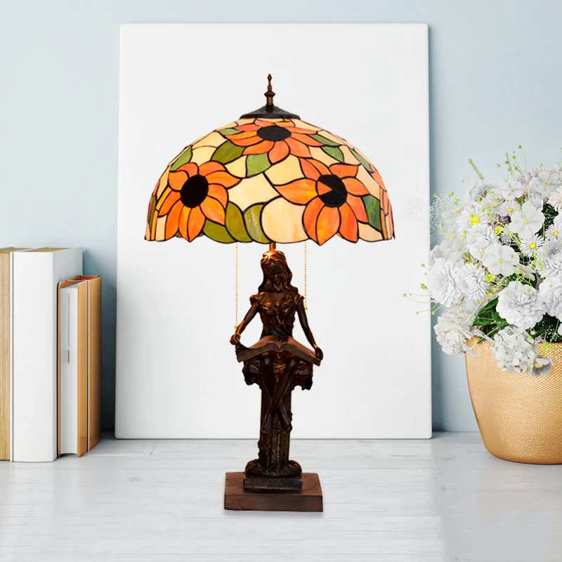 Leesboek voor meisjes, tafellamp, 2 lampen, hars barok nachtkastje met trekketting en zonnebloem rood/oranje glazen kap Cl...