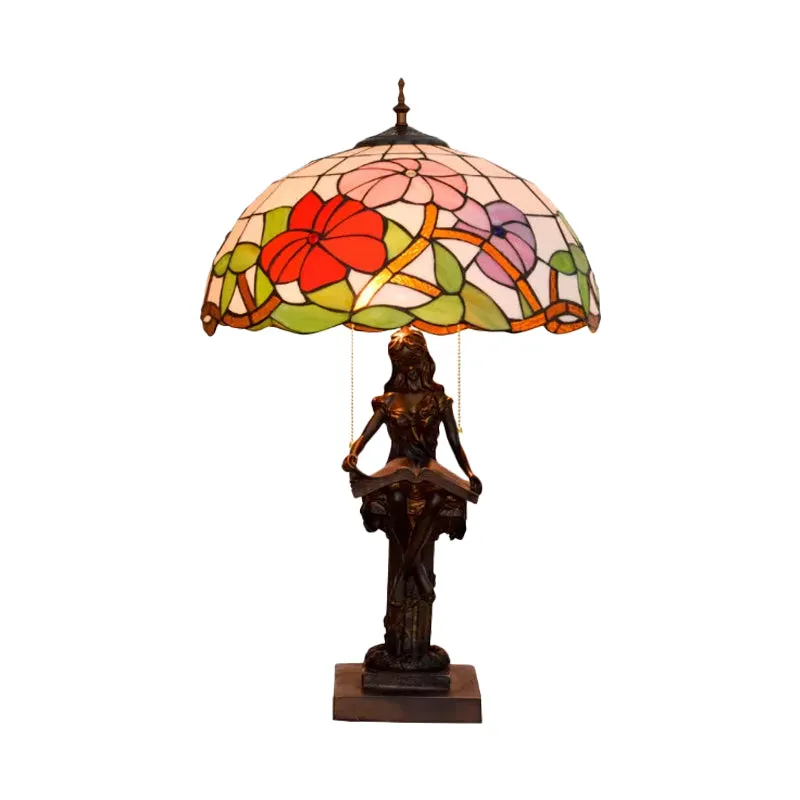 Leesboek voor meisjes, tafellamp, 2 lampen, hars barok nachtkastje met trekketting en zonnebloem rood/oranje glazen kap Cl...
