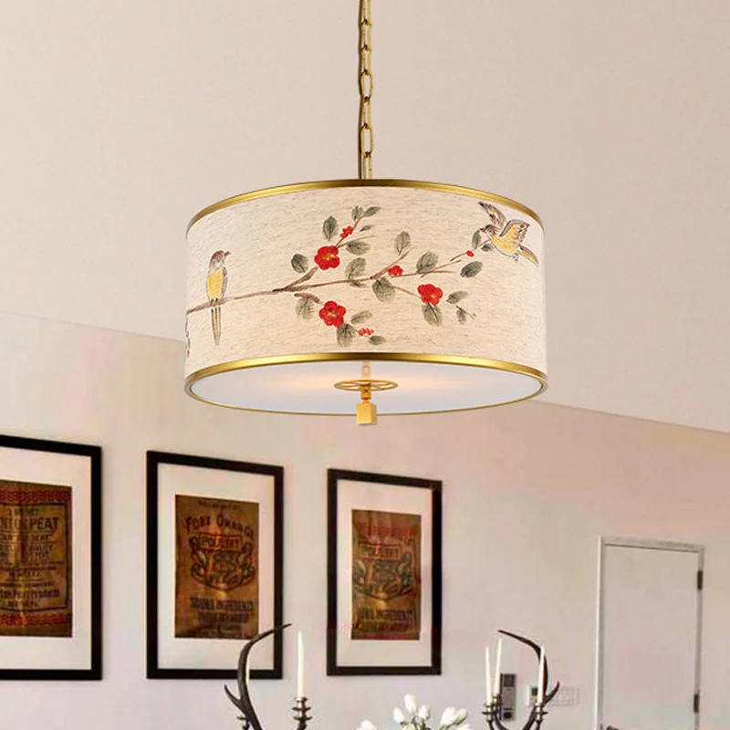 1 licht Drum hanglamp Korea Country Beige stoffen hanglamp met vogel- en takpatroon Clearhalo