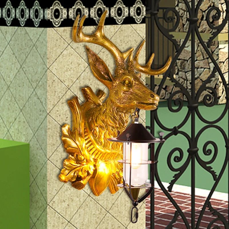 1 licht hertenkop schans lichtarmatuur boerderij gouden hars wandmontage lamp voor deur Clearhalo