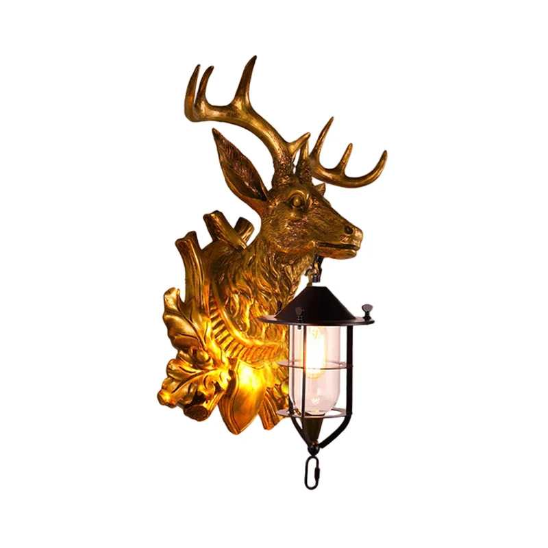 1 licht hertenkop schans lichtarmatuur boerderij gouden hars wandmontage lamp voor deur Clearhalo