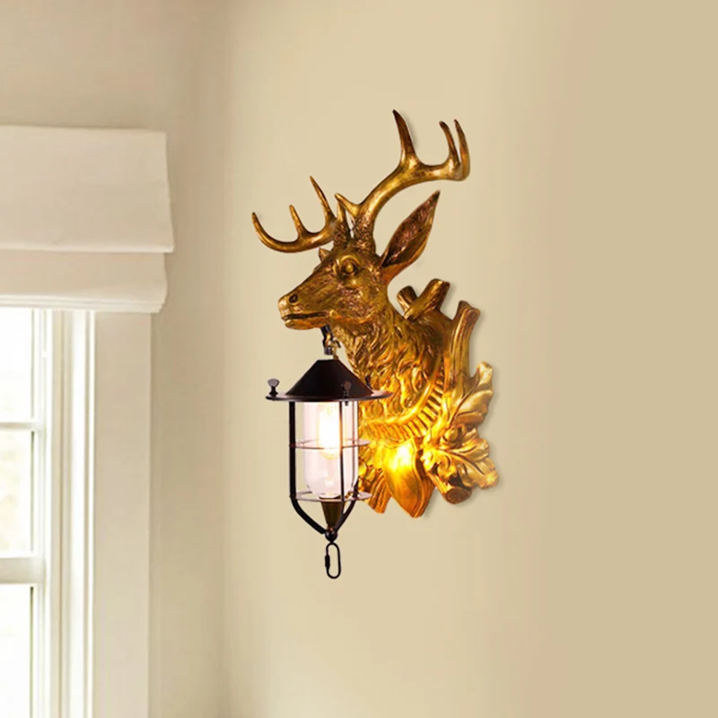1 licht hertenkop schans lichtarmatuur boerderij gouden hars wandmontage lamp voor deur Clearhalo