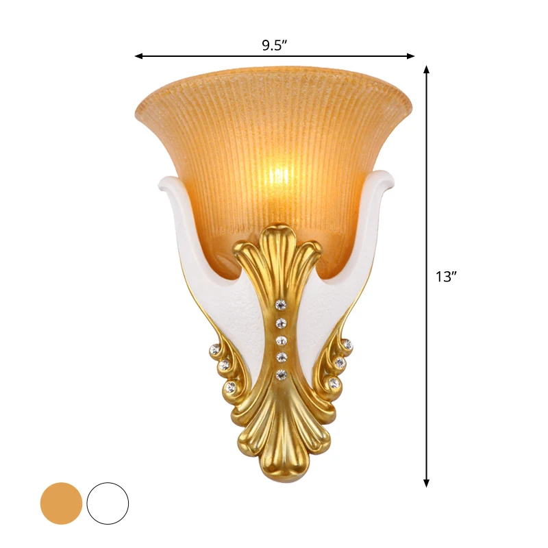 1 licht wandkandelaar verlichting landelijk belvorm geel/wit gecanneleerd glas wandgemonteerde lamp voor slaapkamer, 9,5"/...