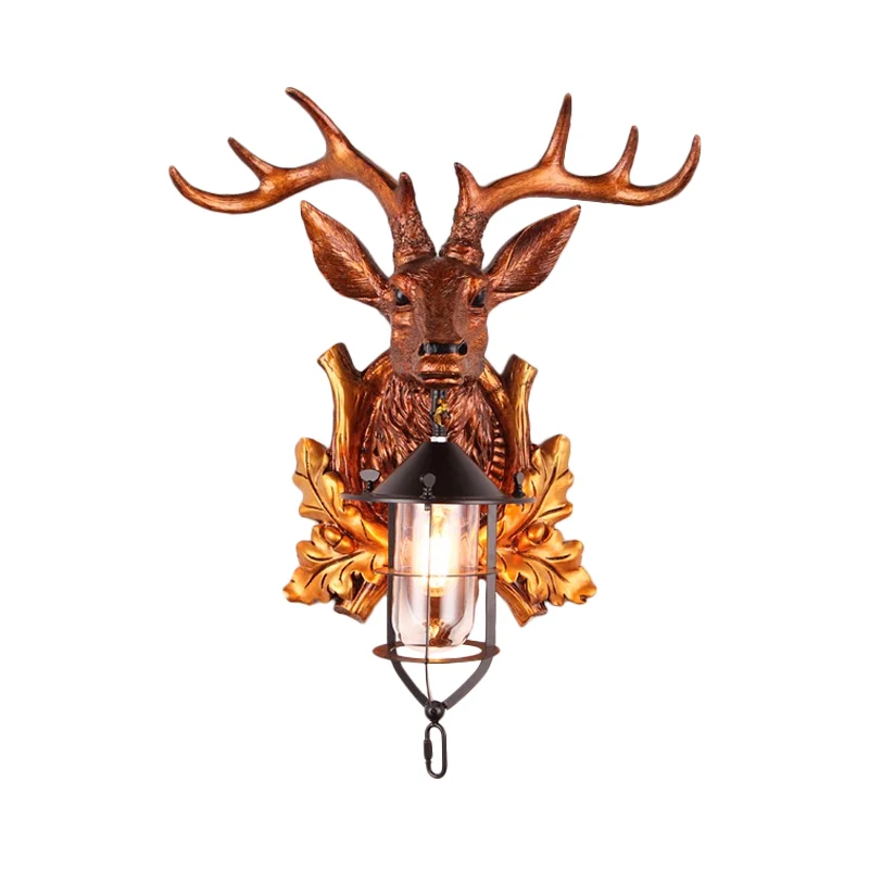 1 licht wandkandelaar verlichting traditionele hertenkop hars wandlamp armatuur bruin met kooi Clearhalo