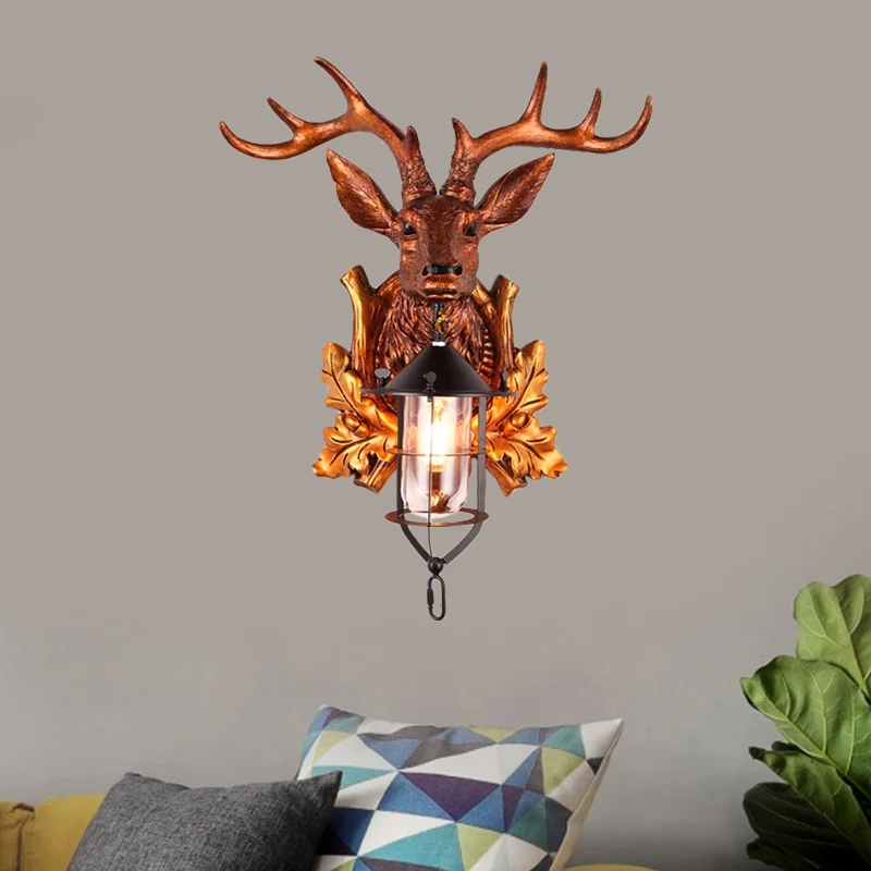 1 licht wandkandelaar verlichting traditionele hertenkop hars wandlamp armatuur bruin met kooi Clearhalo