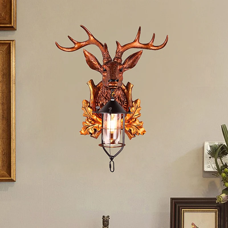 1 licht wandkandelaar verlichting traditionele hertenkop hars wandlamp armatuur bruin met kooi Clearhalo