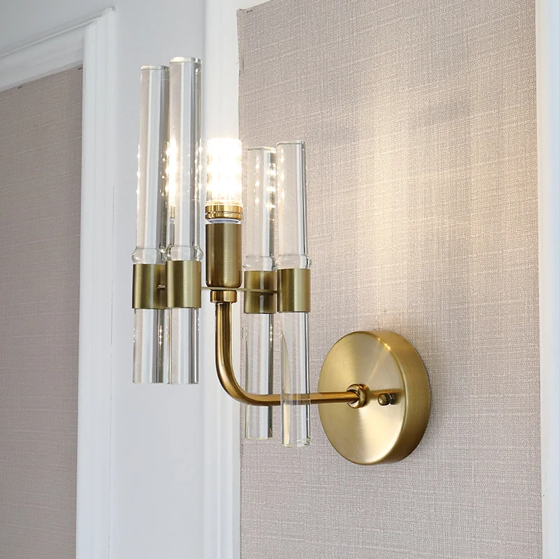 1 lichtarmige wandkandelaar moderne metalen wandlamp met helder kristallen pijp gouden afwerking voor gang Clearhalo