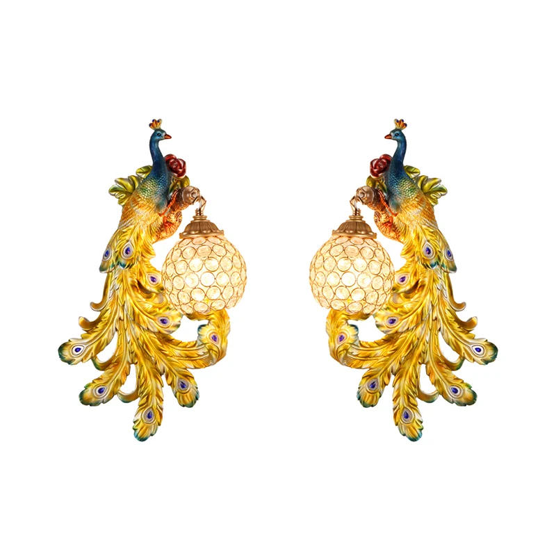 1 lichtblauw/gouden pauw wandlamp landelijk hars 1/2-pack schansverlichting met kristallen bolkap, dubbel/rechts/links Cle...