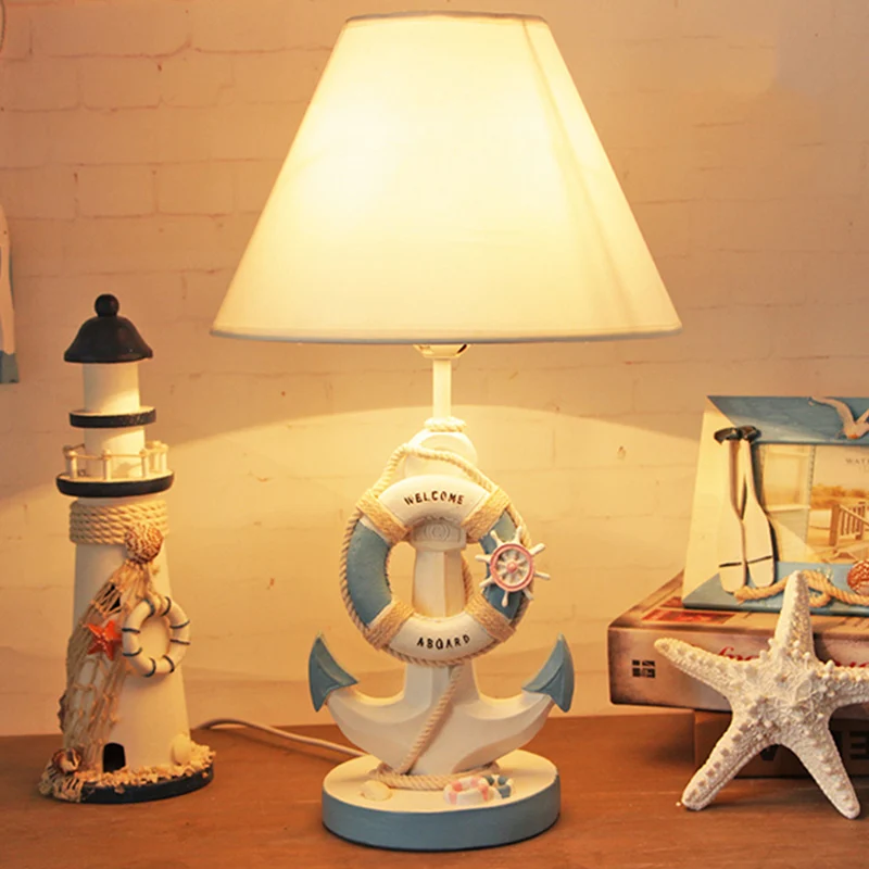 Licht/donkerblauw ankerhars nachtkastje Licht Mediterraan 1-lamps stoffen nachtkastje voor slaapkamer Clearhalo