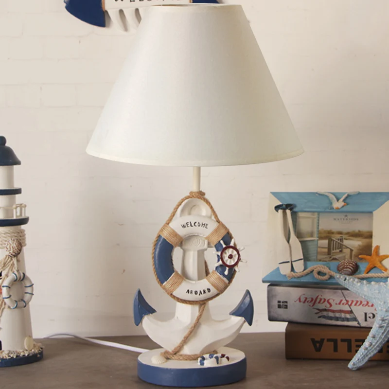 Licht/donkerblauw ankerhars nachtkastje Licht Mediterraan 1-lamps stoffen nachtkastje voor slaapkamer Clearhalo