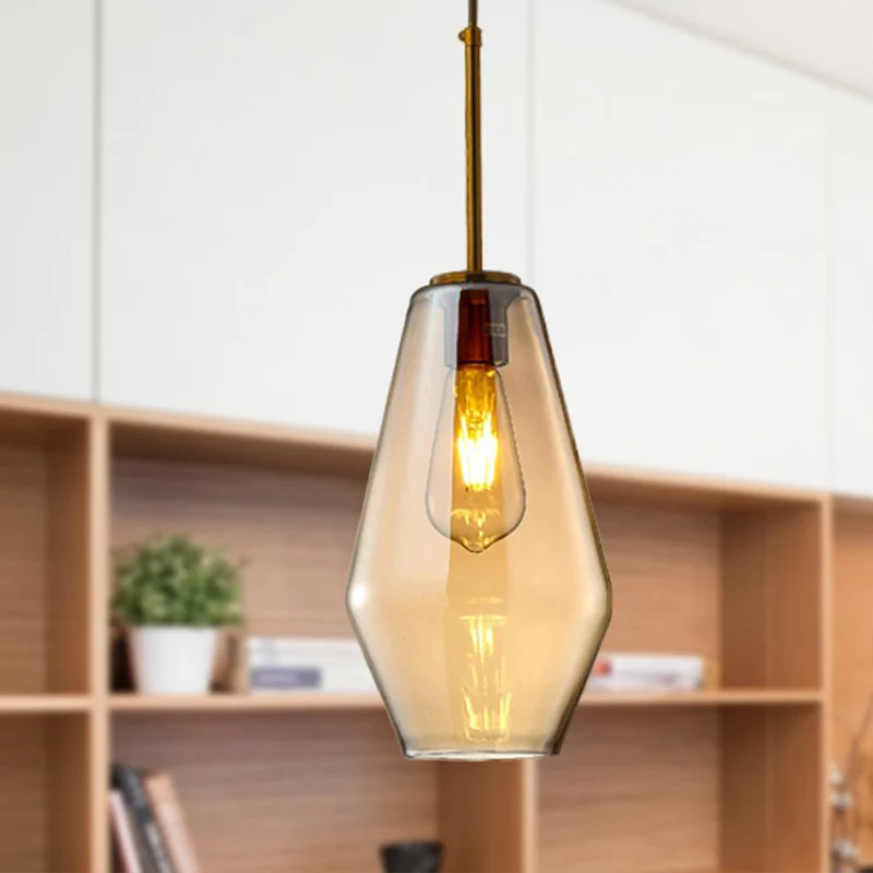 1 lichte eetkamer hanglamp moderne amberkleurige hanglamp met driehoekige/trommel/kegel glazen kap, 6,5"/9"/12" breed Clea...
