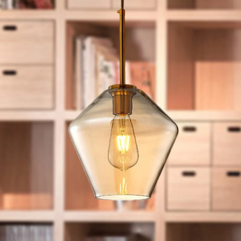 1 lichte eetkamer hanglamp moderne amberkleurige hanglamp met driehoekige/trommel/kegel glazen kap, 6,5"/9"/12" breed Clea...