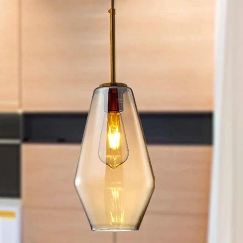 1 lichte eetkamer hanglamp moderne amberkleurige hanglamp met driehoekige/trommel/kegel glazen kap, 6,5"/9"/12" breed Clea...