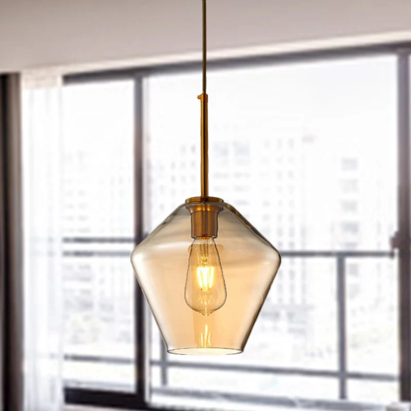 1 lichte eetkamer hanglamp moderne amberkleurige hanglamp met driehoekige/trommel/kegel glazen kap, 6,5"/9"/12" breed Clea...