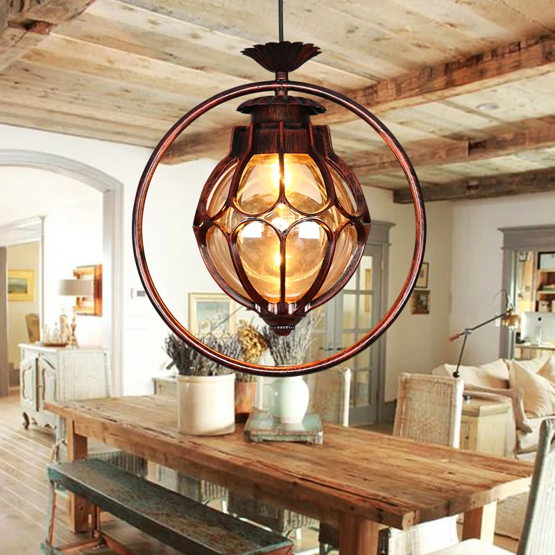 1 lichte hanglamp Rustieke Globe Amber glazen hangende hanglamp koper met ijzeren ring Clearhalo