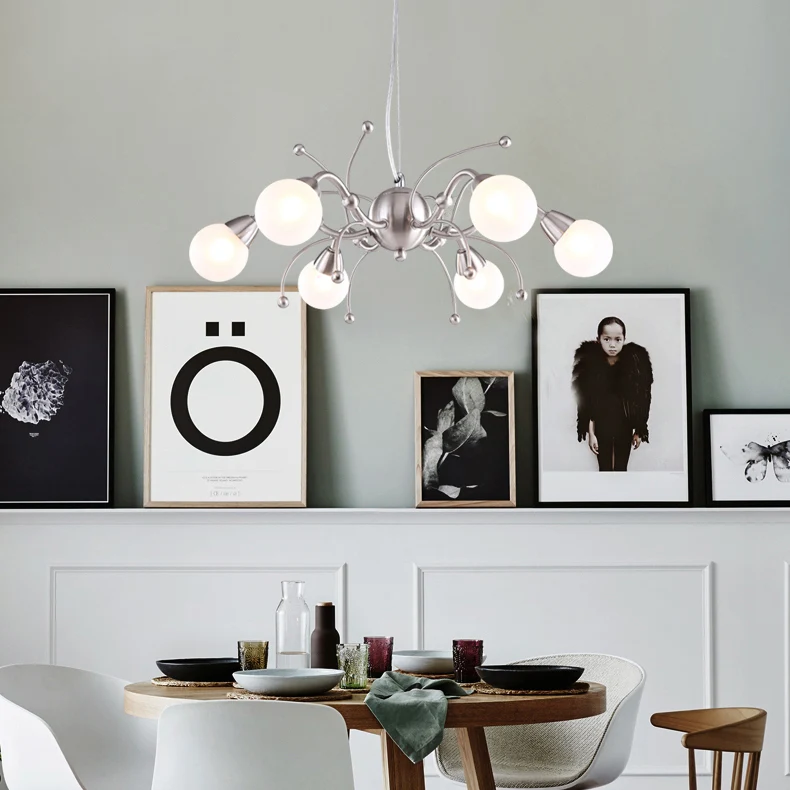 6/8 lichten eetkamer kroonluchter licht met bol wit glazen kap moderne nikkel led hangende plafondlamp Clearhalo
