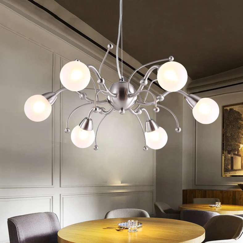 6/8 lichten eetkamer kroonluchter licht met bol wit glazen kap moderne nikkel led hangende plafondlamp Clearhalo