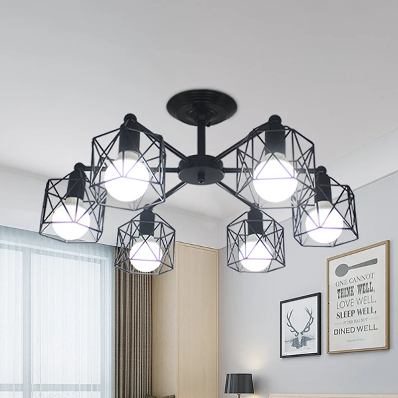 6/8 lichten Spider semi-inbouwlamp met Global Cage Shade Retro-stijl zwart metalen semi-inbouw hanglamp voor woonkamer Cle...