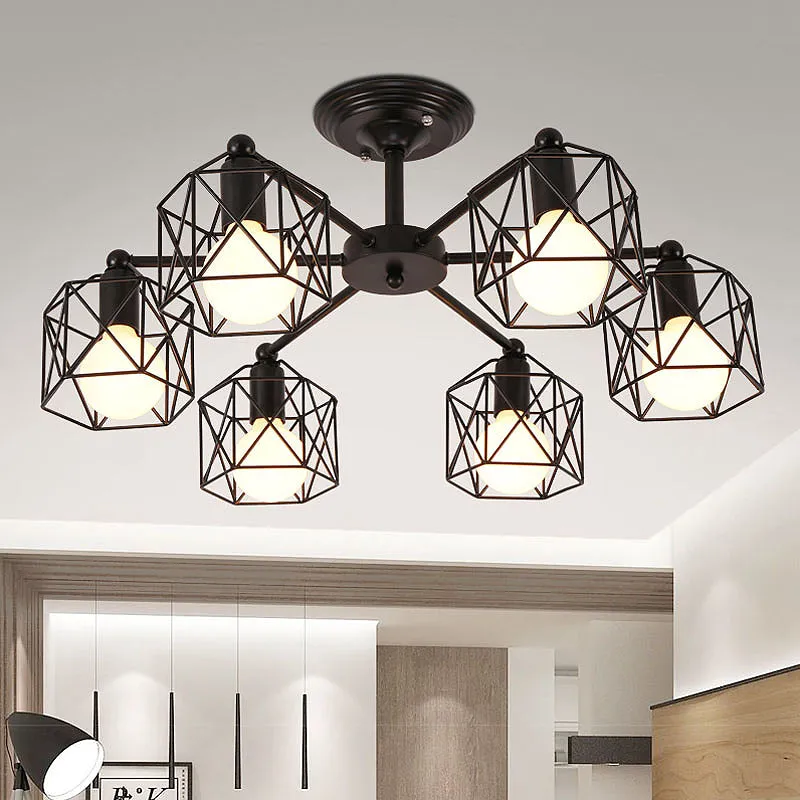 6/8 lichten Spider semi-inbouwlamp met Global Cage Shade Retro-stijl zwart metalen semi-inbouw hanglamp voor woonkamer Cle...